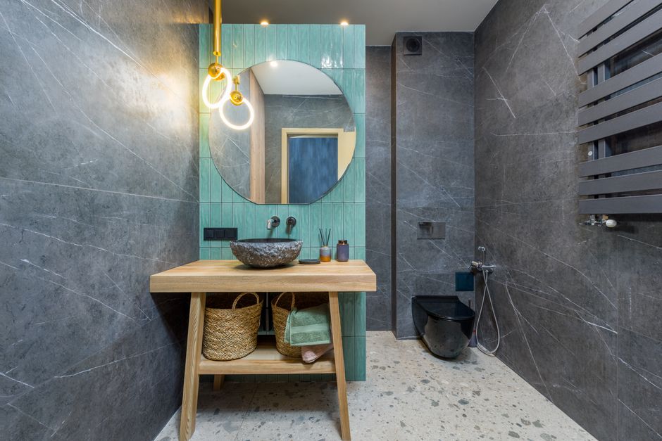 Wooden sink enhancing organic bathroom theme