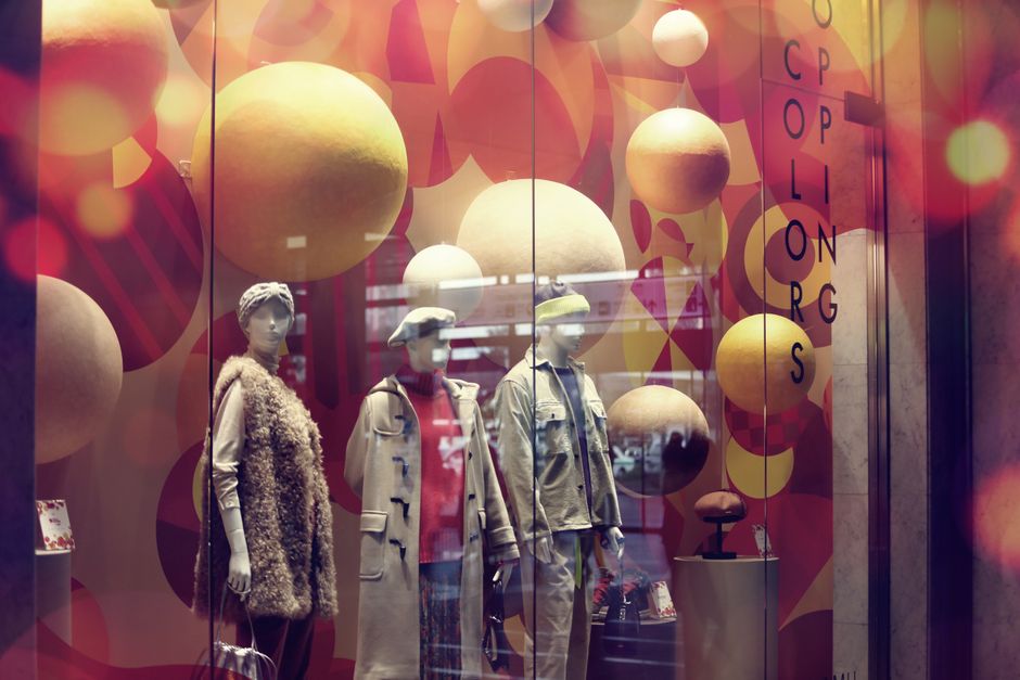 Cityscape enhanced by interactive window projections.