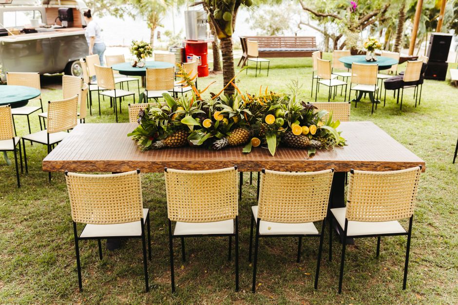Bright citrus-patterned waterproof tablecloth on patio table. Bright citrus-patterned waterproof tablecloth on patio table.