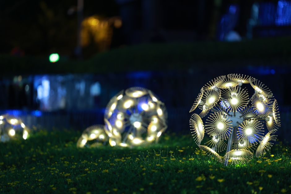 Floating LED spots illuminate garden pathway. Floating LED spots illuminate garden pathway.