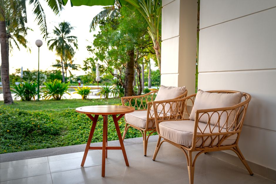 Modern sundowner space featuring minimalist wooden furniture. Modern sundowner space featuring minimalist wooden furniture.