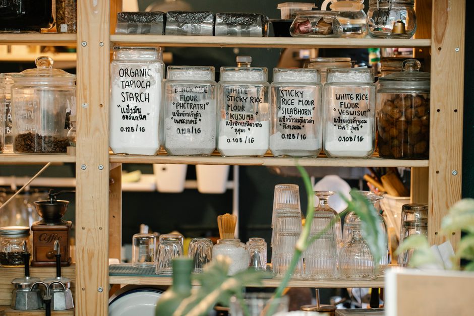 Corner of small kitchen with hanging pot rack. Corner of small kitchen with hanging pot rack.