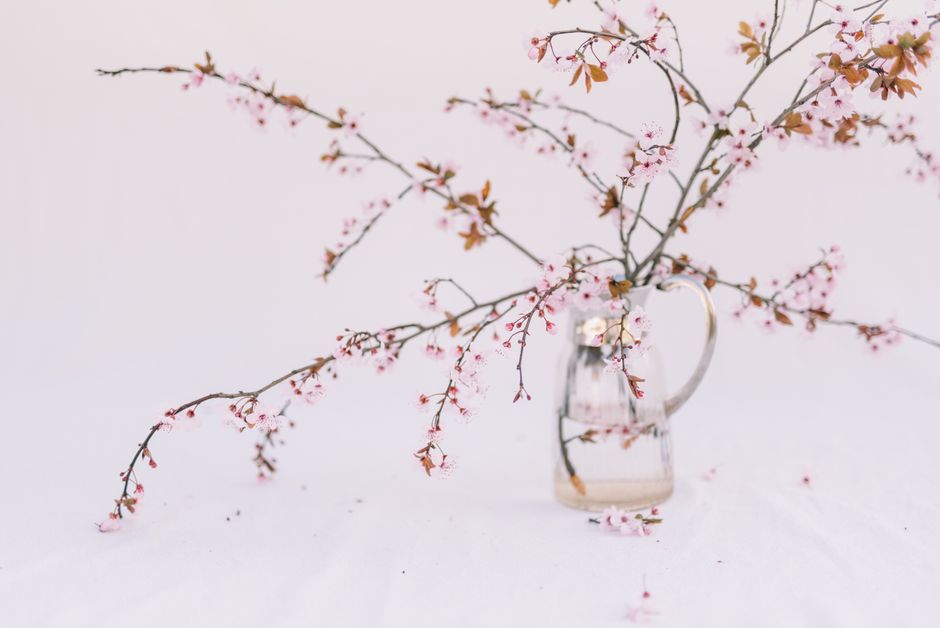 Pastel spring blooms in decorative living room.