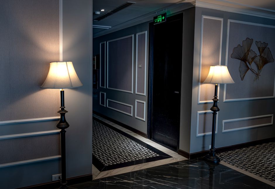 Colorful metallic artwork enhancing sleek hallway design. Colorful metallic artwork enhancing sleek hallway design.